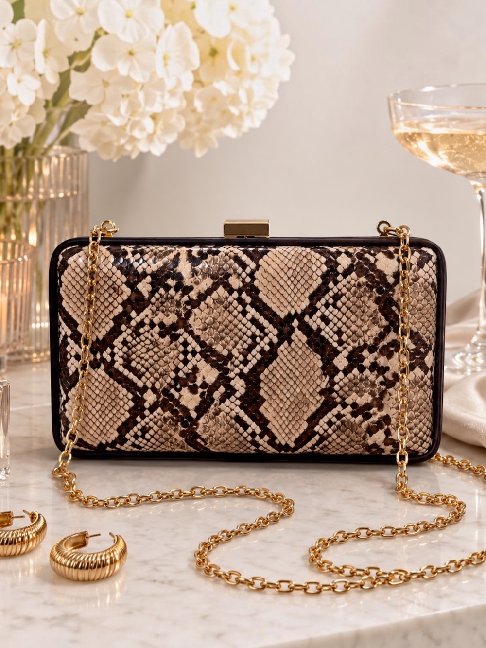 Urban Expressions Evening Box Clutch Vivian O'Nay Vegan Snake Print Beige